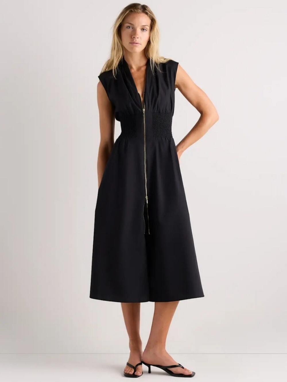 Quince Women's 100% Organic Cotton Poplin Zip-Front Midi Dress, Large, Black